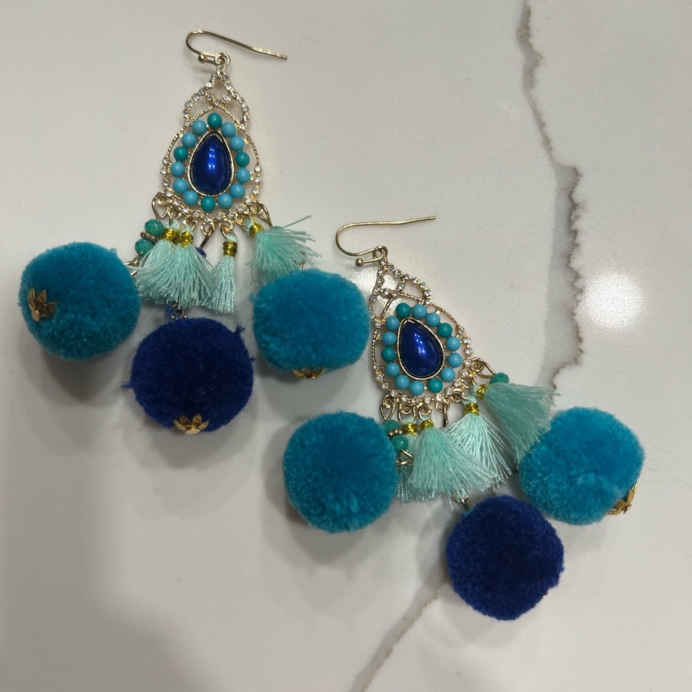NEW BaubleBar Gold Rhinestone Turquoise Teal Mint Cerulean Blue Pom Pom Earrings